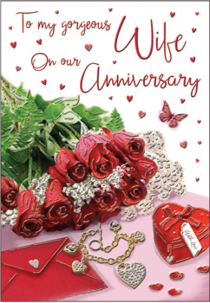 In this evocative anniversary card design, a bouquet of classic red roses forms the emotional core, arranged with the effortless grace of a skilled Bethnal Green florist. Each rose is full and lush, its velvety petals layered in rich shades of crimson and scarlet, creating a sense of depth that draws the eye inward. The blooms are nestled among fresh green foliage, their leaves clean-edged and glossy, reminiscent of the greenery lining the paths of nearby Victoria Park on a calm afternoon. The roses sit alongside a neatly placed envelope, its light, creamy surface slightly textured, suggesting the comforting weight of handwritten words inside. Close by, a piece of jewellery-perhaps a delicate gold or silver chain with intertwined heart charms-lies gently coiled, its subtle glimmer bringing a note of quiet luxury to the scene. A small heart-shaped box in vivid red is positioned with care, its smooth surface shining softly, hinting at a treasured anniversary gift that has been thoughtfully chosen over time. Around these key elements, tiny heart motifs and sparkling trinkets are scattered like confetti on a café table along Bethnal Green Road after a celebratory toast. A single butterfly accent appears poised above, frozen in a moment of graceful stillness, as if love itself has paused to take in the scene. The lighting falls in soft, embracing tones, illuminating the card's elegant script and highlighting the interplay of textures-silky petals, glossy leaves, delicate metal, and smooth paper. Altogether, it conveys the feeling of a timeless, lovingly curated anniversary gesture, made to honour shared history and growing devotion.