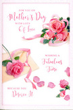 This Mother's Day card appears like a soft embrace translated into flowers and ink, with an arrangement that a local Bethnal Green florist might recognise from early spring mornings in nearby gardens. Dominating the design, a loose cluster of blush pink roses lies gently across a clean white background, their petals luxurious and full, some tightly wrapped around the centre, others opening wide with relaxed, ruffled edges. The colour palette is restrained yet romantic, moving through shades of powder pink and warm rose, creating a soothing visual rhythm similar to watching petals drift along the paths of Victoria Park. Scattered around the main cluster, individual petals and smaller blossoms rest lightly on the surface, as if they've just settled there after a soft breeze, adding a sense of movement and intimacy to the otherwise still composition. A delicate ribbon in a complementary pastel hue winds around the largest bouquet, looping gracefully and suggesting the practiced touch of a florist tying the finishing bow on a Mother's Day gift. Gentle, diffuse lighting bathes the card in a warm glow, with soft highlights tracing the curves of each petal and subtle shadows adding depth without disturbing the calm mood. Flowing, hand-lettered script carries a heartfelt message to Mum, its looping, cursive letters echoing the curves of the roses and ribbon. Altogether, the card feels like a poetic, paper bouquet-quiet, tender, and full of affection-perfect to accompany fresh flowers delivered to a cosy flat off Bethnal Green Road or a family home tucked behind the local markets.